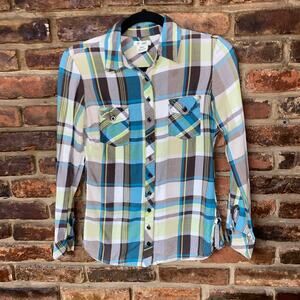 At Last Brown Green Blue Plaid Long Sleeve Button Down Top Women's size Small